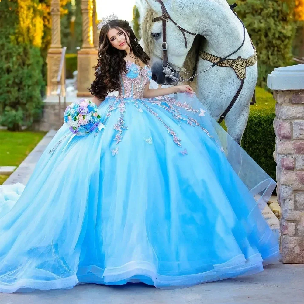 

Blue 3D Flowers Quinceanera Dresses Off Shoulder Beading Appliques Mexican Girls Sweet 16 Prom Birthday Ball Gown