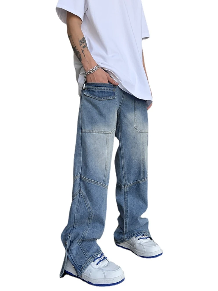 Fashion Straight Denim Jean Pants Unisex Casual Bottom Button Open Pants High Street Cargo Trousers Hip Hop Zipper Joggers Men