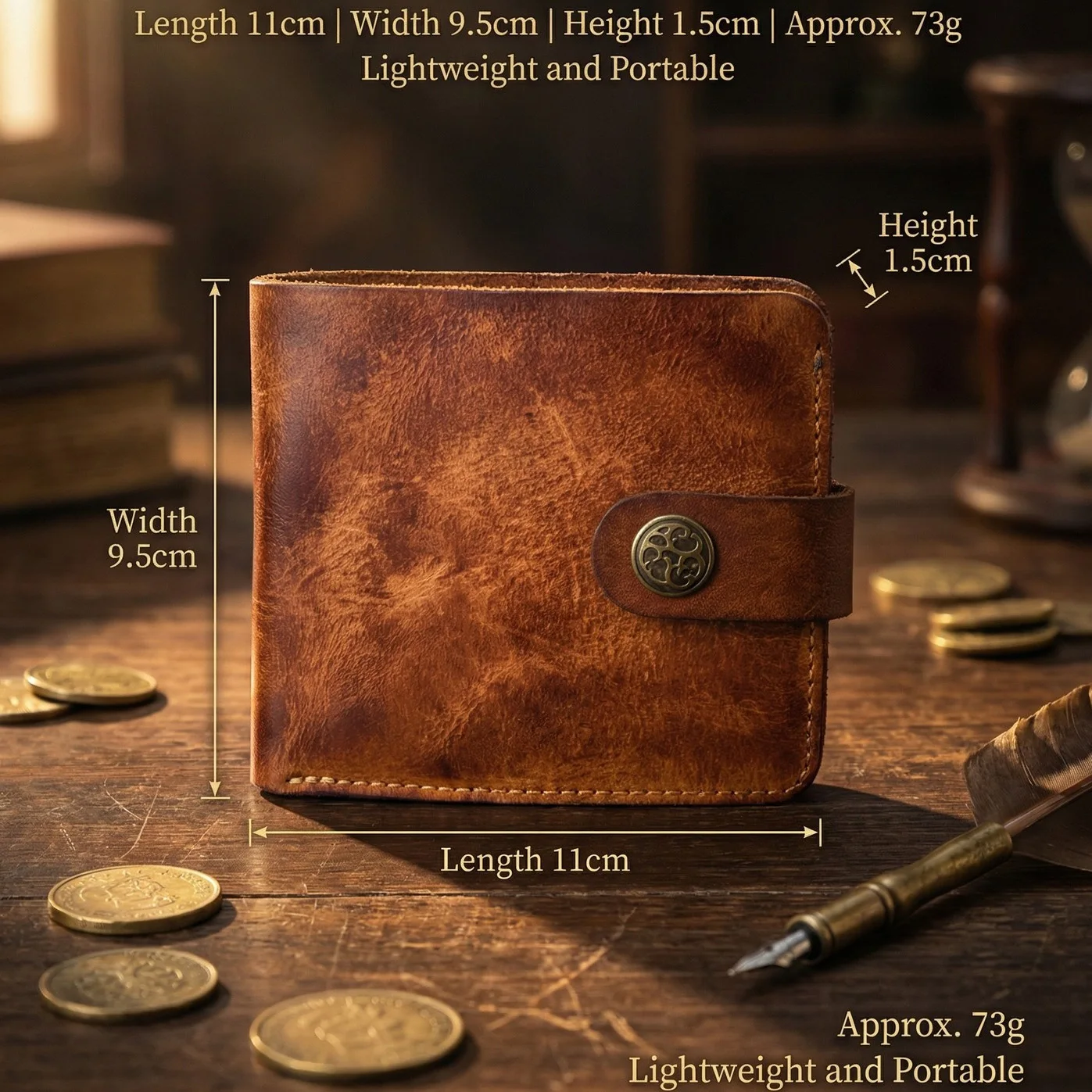 Vintage Slim Bifold Men's Wallet - Handmade Vegetable Tanned Leather with Coin Pocket, Personalized Gift