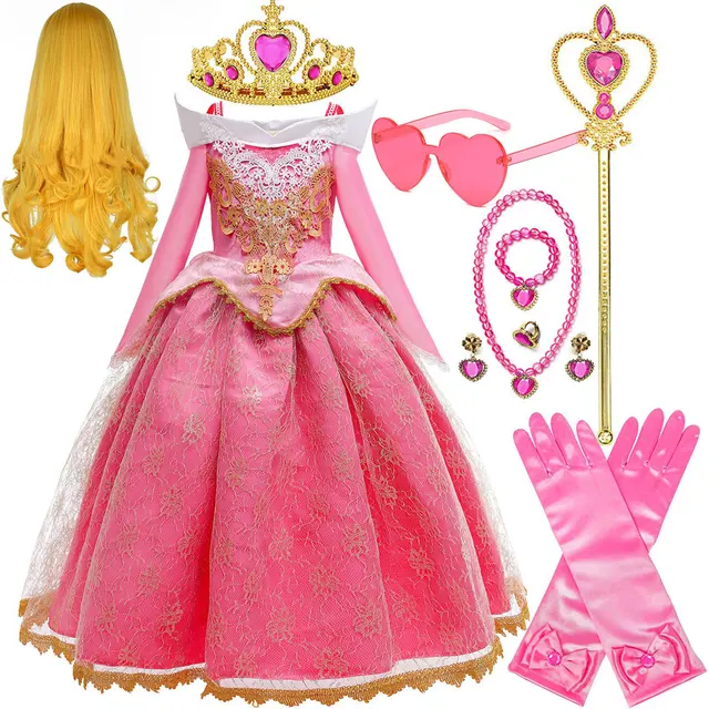 Robe de princesse Aurora de la Belle au bois dormant Disney 2026 pour fille, déguisement à épaules dénudées, cadeau pour enfant, robe de soirée élégante pour bébé, ensemble en dentelle fine 1