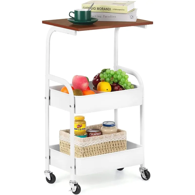 

Oumilen 3-Tier Kitchen Rolling 16.54" Storage Cart with Wooden Tabletop, White wall shelf kitchen storage