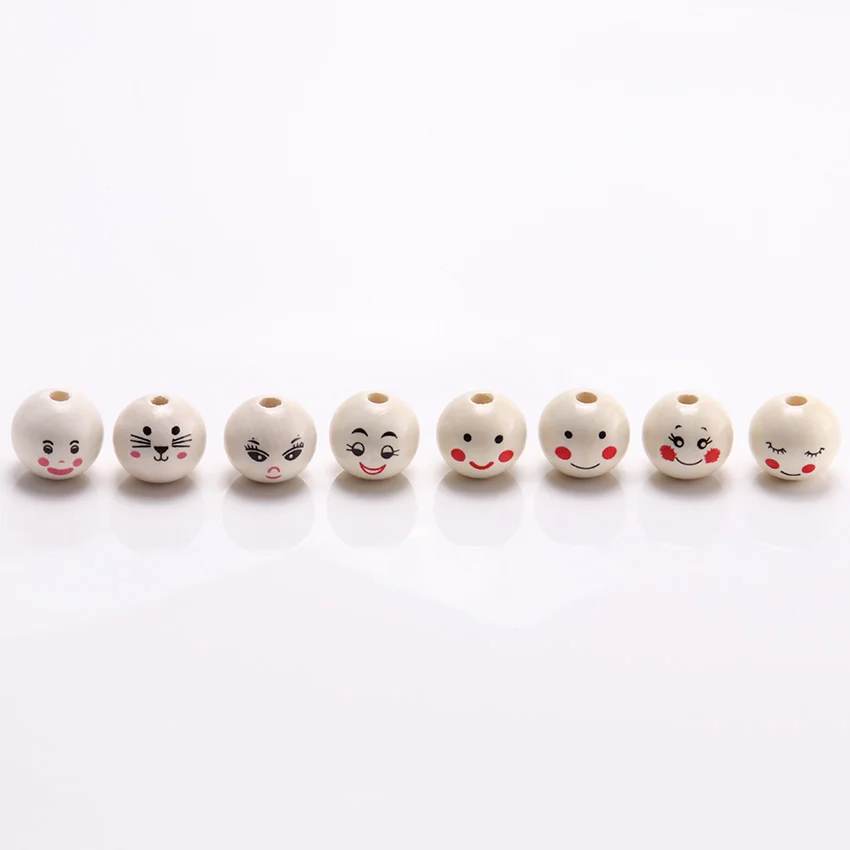 100pcs 20mm Natural Color Smiling Doll Round Ball Wooden Beads Loose Beads for Jewelry Making Handmade Diy Bracelet