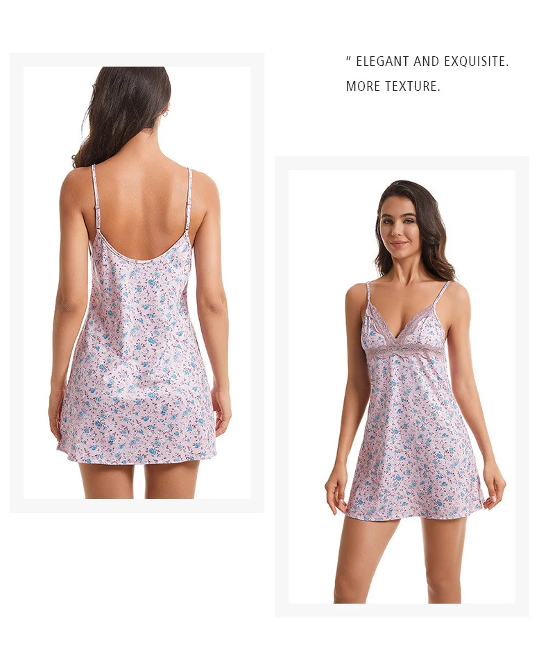 Camisón seductor ajustado con cuello halter y encaje de verano para mujer pama con estampado de algodón de punto_voghion.com
