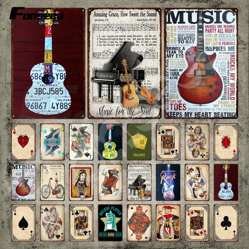 

Guitar Metal Poster Music and Piano Tin Sign Playing Card Vintage Plaque Retro Metal Plate Iron Painting for Room Wall Decor