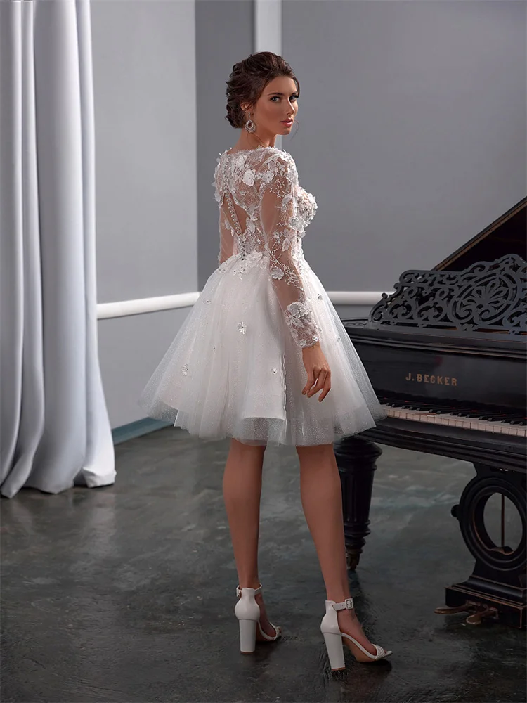 Customized New Sweetheart Neckline 3D Flowers Long Sleeves Tulle A-Line Mini Wedding Dress Elegant Zipper Back Gown For Bride