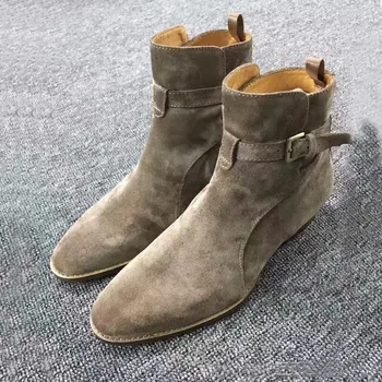 Stivali Chelsea da uomo con fibbia fatti a mano in pelle scamosciata di mucca di alta qualità kaki moda inverno business casual tacco medio scarpe da uomo alla caviglia stivali 1