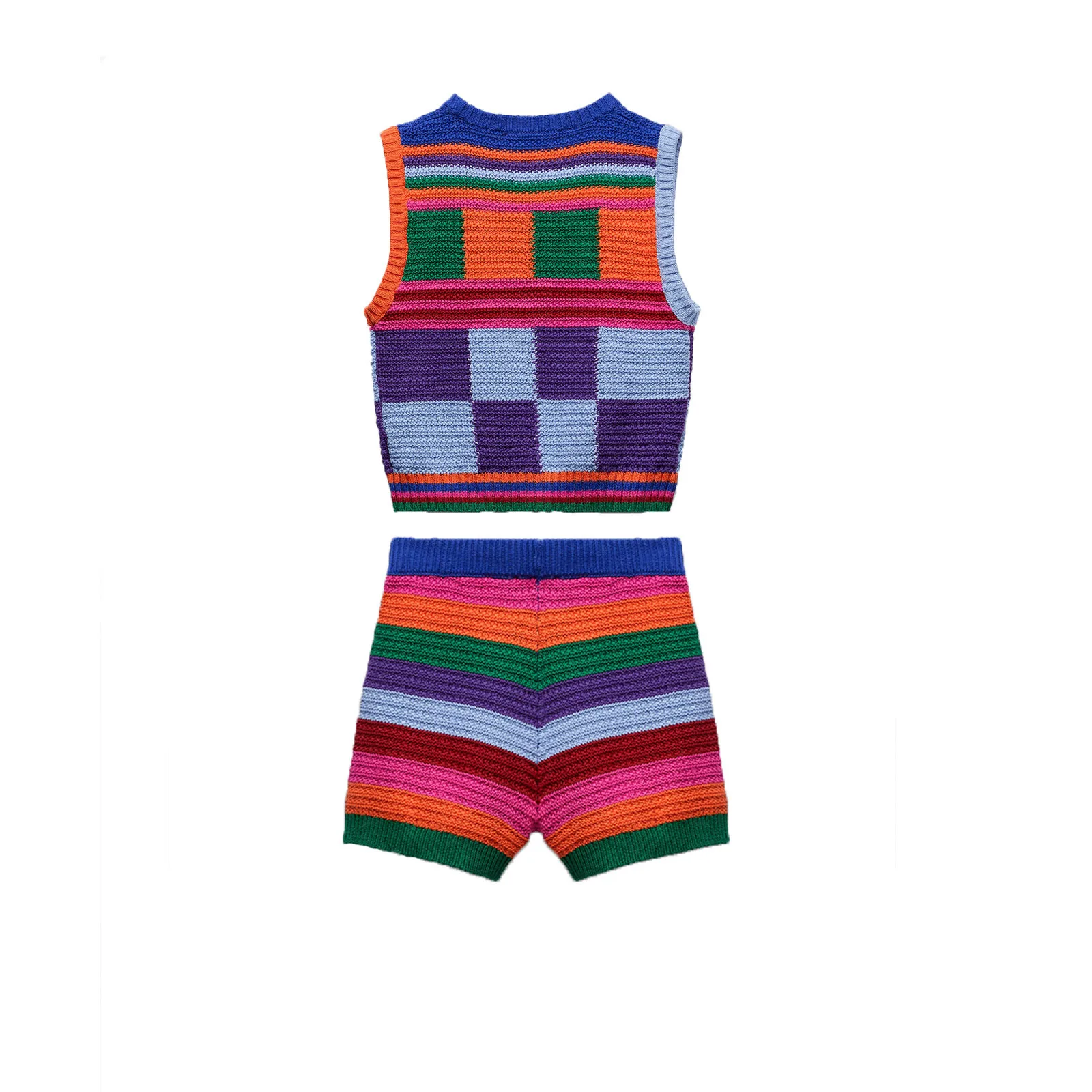 Kliou Knitted Multi-Color Stitching Two Piece Set Women Slim O-neck Sleeveless Tank Tops+Stretchy Sheath Shorts Casu