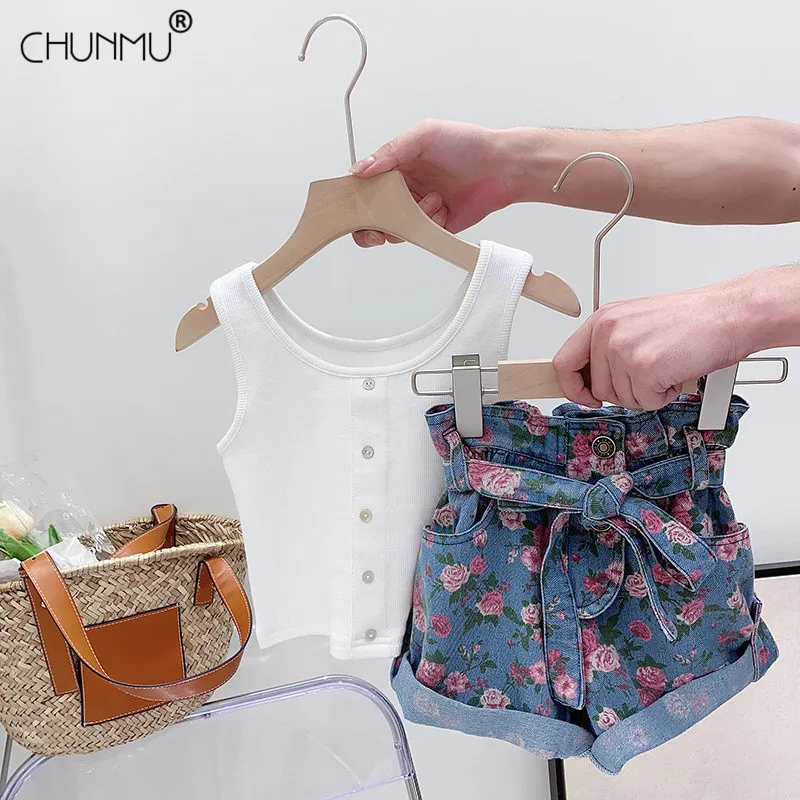 2pcs Kids Baby Girls Outfits Sleeveless Floral Blouse+Shorts Fashion Clothes Set