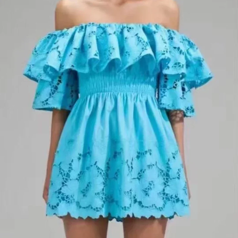 

High Quality 2023 Summer Women Fashion Cyan Blue Lace Slash Neck Frilled Bodice Scallop-edged Butterfly Sleeve Mini Dresses