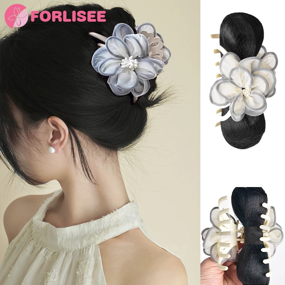 FORLISEE 합성 동백꽃 가발 번 클로 클립 셔틀콕 헤드, 고급 상어 클립 번, 여름 신상