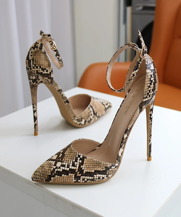 Snake patterned hollow straight line sandals with ultra-high heels, French size, side air sexy nightclub 12CM high heels
