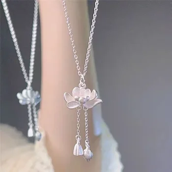 Lotus Tassel Necklace Women's New Popular Good Luck Lotus Pendant Chinese Style Elegant Flower Necklaces Jewelry Accessories