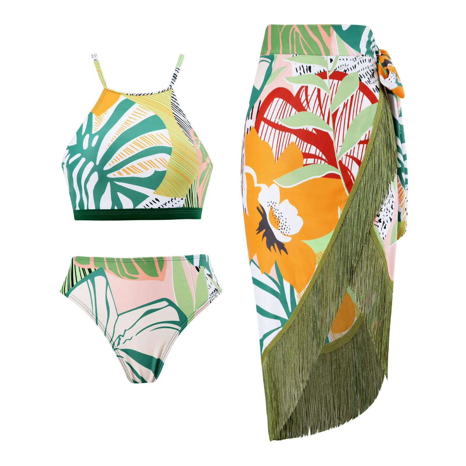 

Vintage Women Tassel Bikini Sets Swimsuit & Skirt Sexy Asymmetrical Leaves Print Swimwear Female Cover Up Beach Bathing Suits