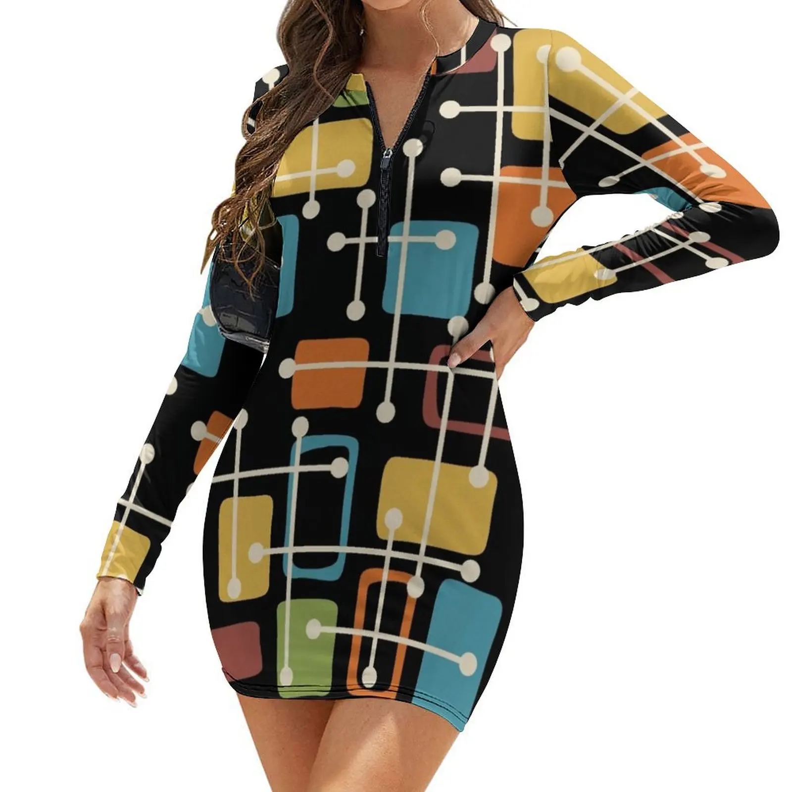 

Mid Century Modern Abstract Art Long-Sleeve Bodycon Dress Women's clothing Women's summer suit Aesthetic clothing