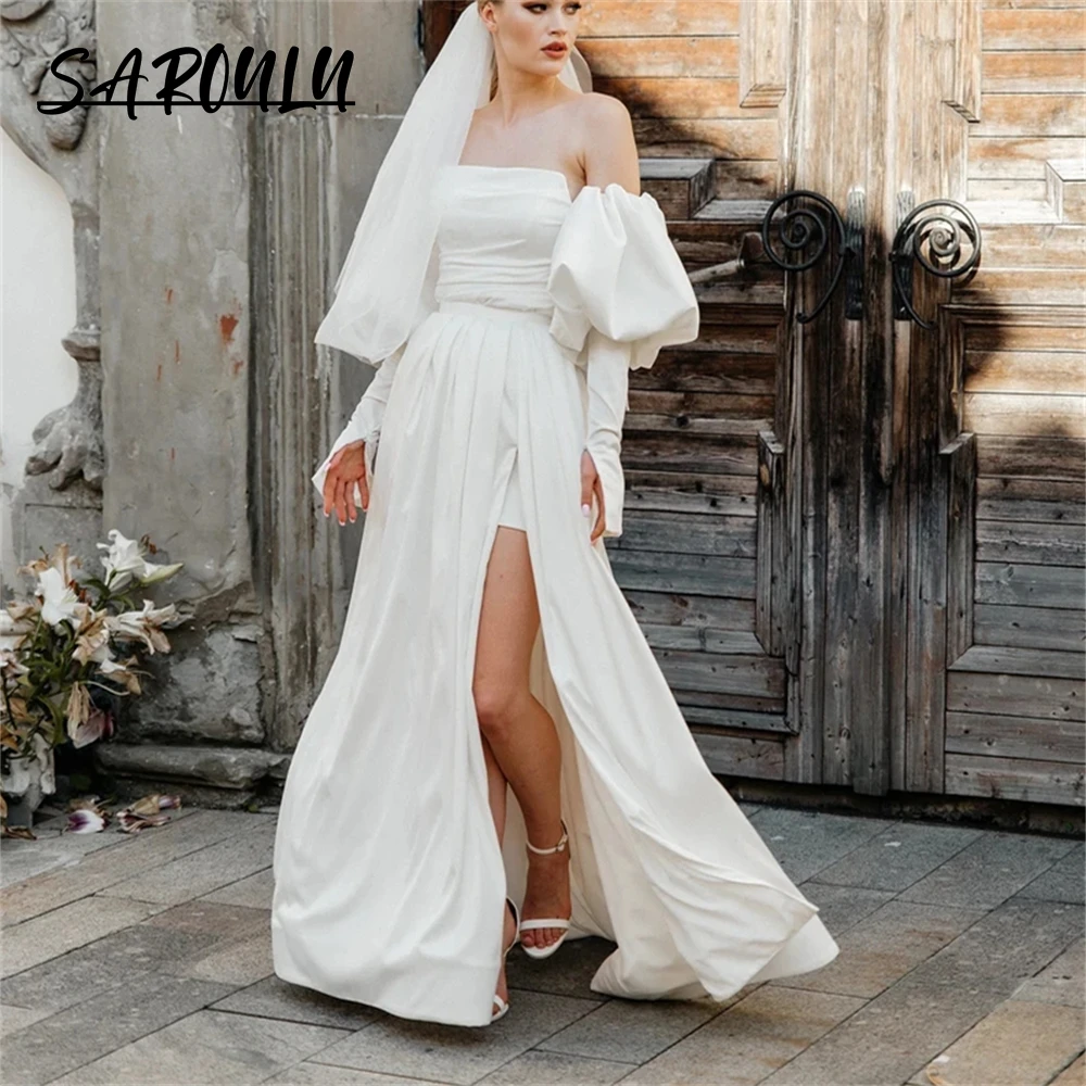 

2 in 1 Modern Satin Bride Dresses Simple Short Wedding Dress With Detachable Train Strapless Off The Shoulder Puff Sleeves