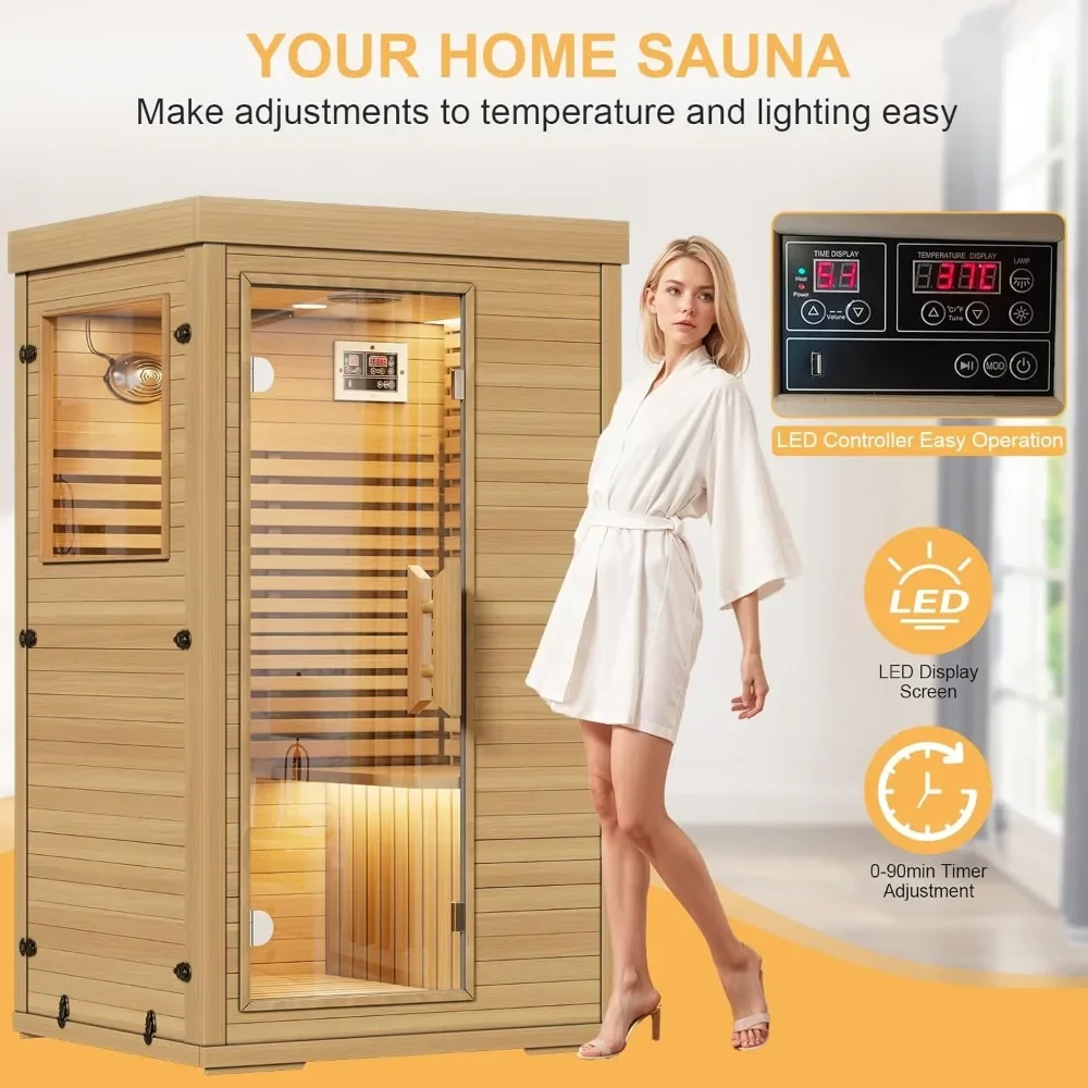 Far Infrared Home Sauna Room for 1 Person, Spa Saunas with Digital Controller, 2 Bluetooth Player, LED Reading Lamp, Saunas 2