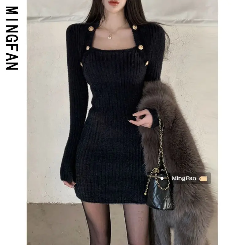 

New Autumn and Winter Women's Long Sleeved Sweater Under Skirt Style Tight Square Collar Knit Dress Spring and Autumn Dresses