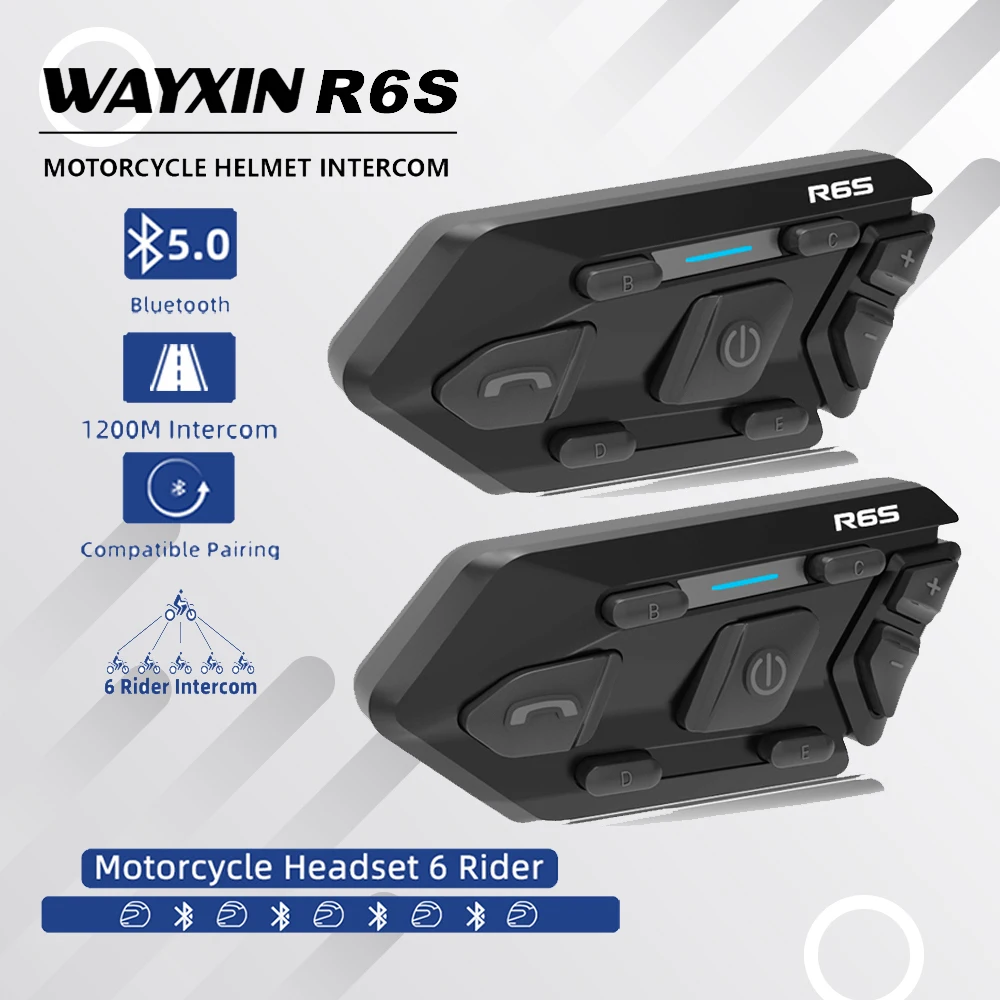 WAYXIN R6s Interphone Communicator for 6 Riders Waterproof Bluetooth