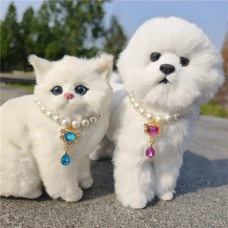 컬러풀한 애완동물 목걸이, 고양이 개 진주 목걸이, 컬러풀한 하트 라인스톤 목걸이, 개 액세서리, 활 넥타이
