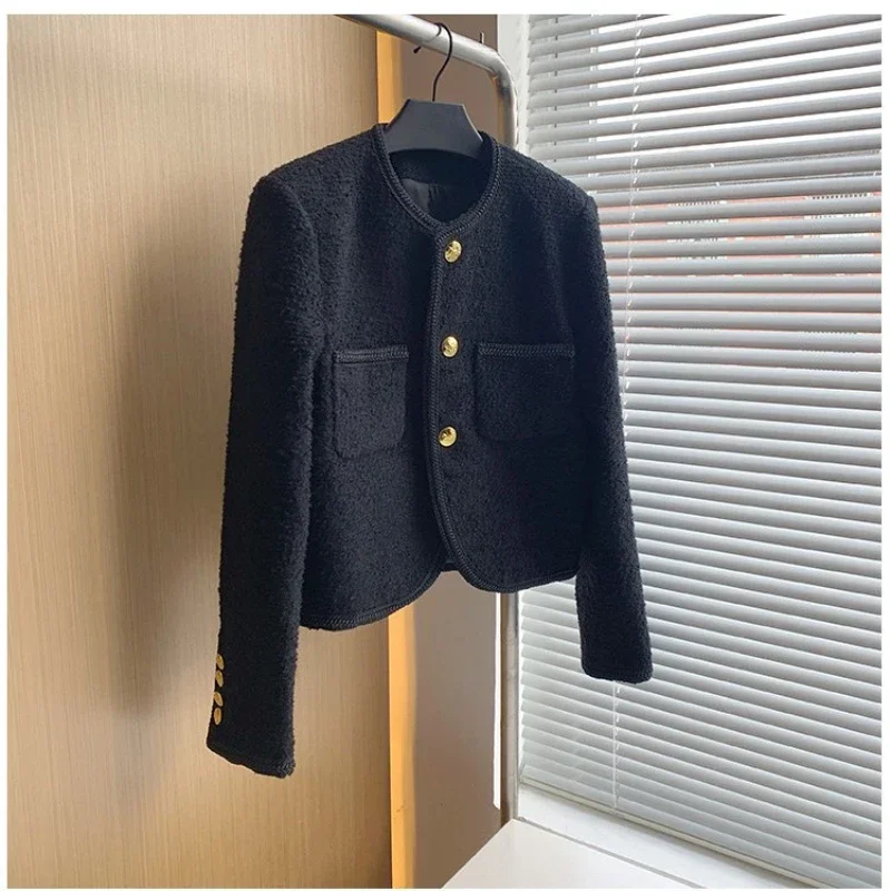 

Short Long Sleeve Gold Button Top Elegant Winter Wool Tweed Jacket for Women Luxury Autumn Vintage Short Coat Women's Outerwear