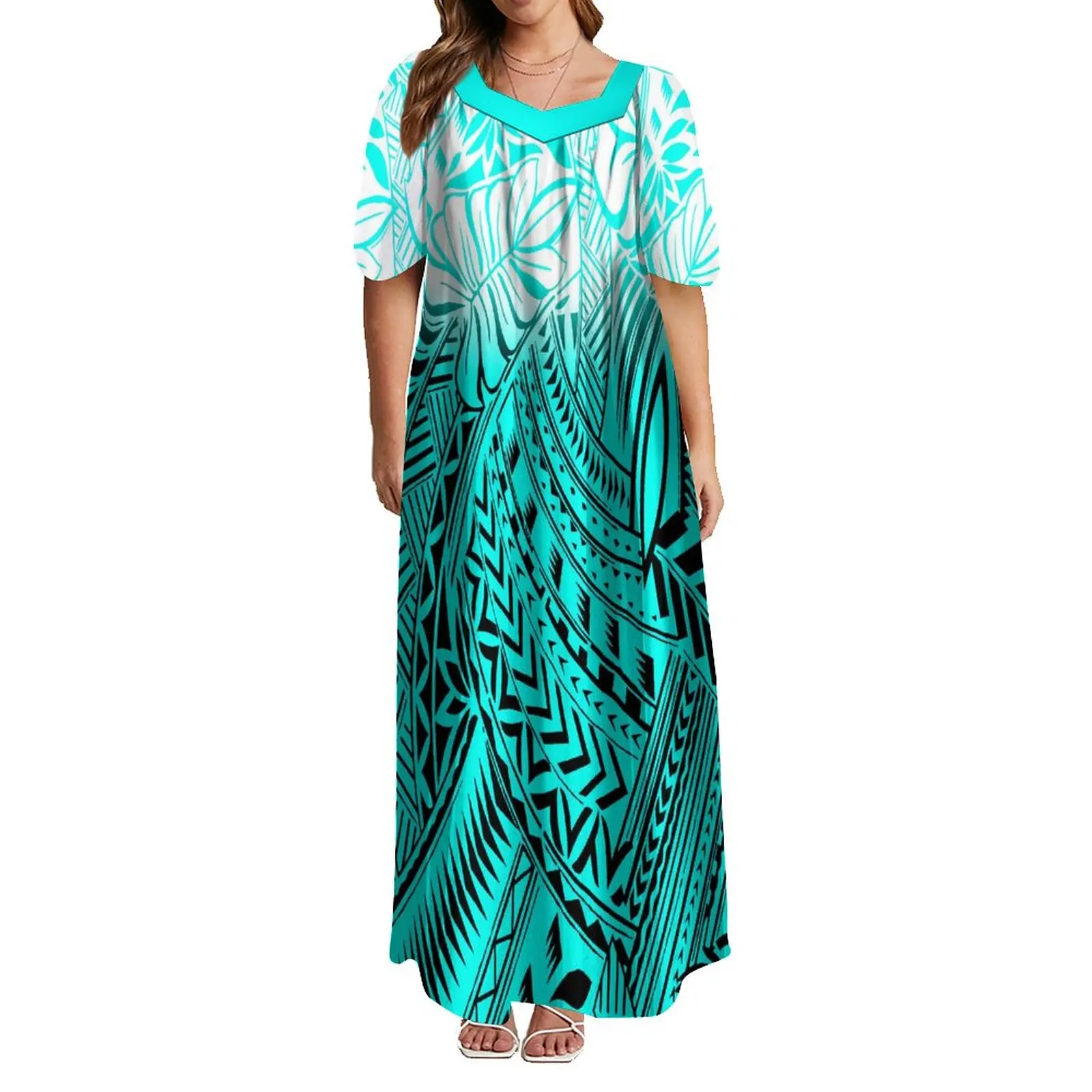 

Polynesian Custom Women's Dress Low Cut Bubble Sleeve Design Summer Short Sleeve Dress Banquet High Quality Dress