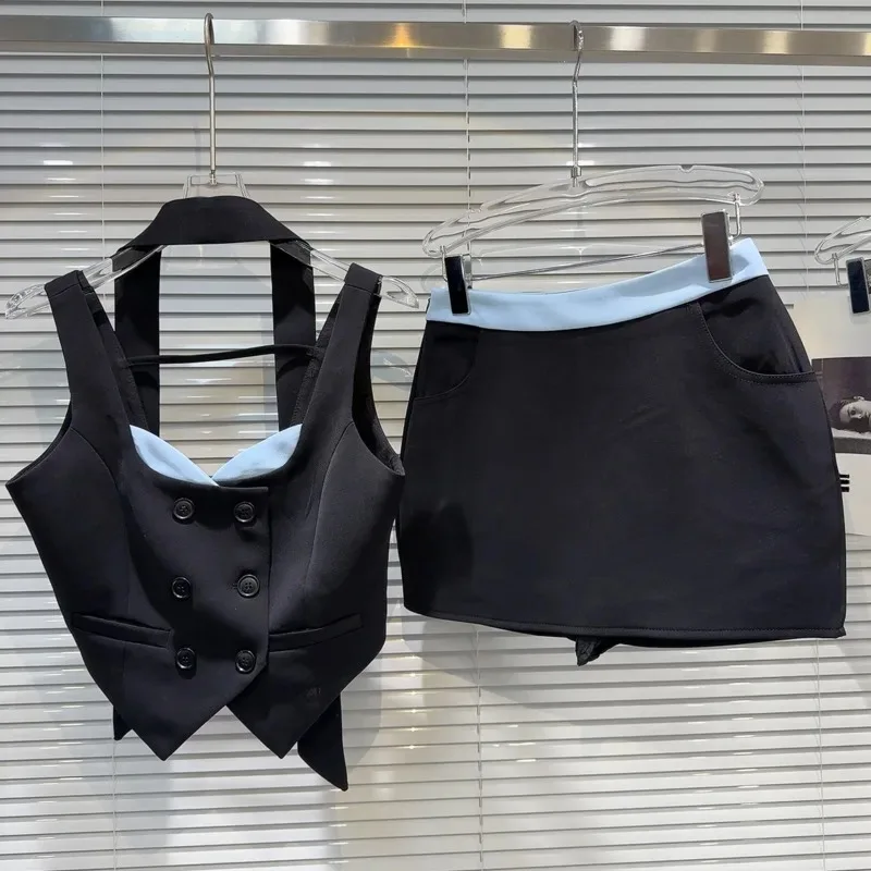 2024 Summer sleeveless double-breasted tie color suit vest butterfly slip dress two-piece suit two-piece women's suit