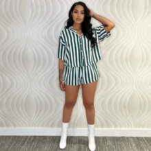  Summer Fashion Sporting Women set Striped Print Button Shirt Top Skinny Shorts Suit Two Piece Set Elegant Tracksuits 