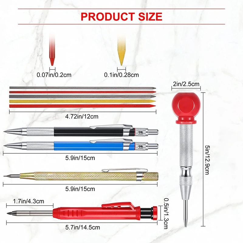 Construction Woodworking Tool Set Solid Carpenter Pencils with Marker Refills and Carbide Scriber Tool Automatic Center Punch
