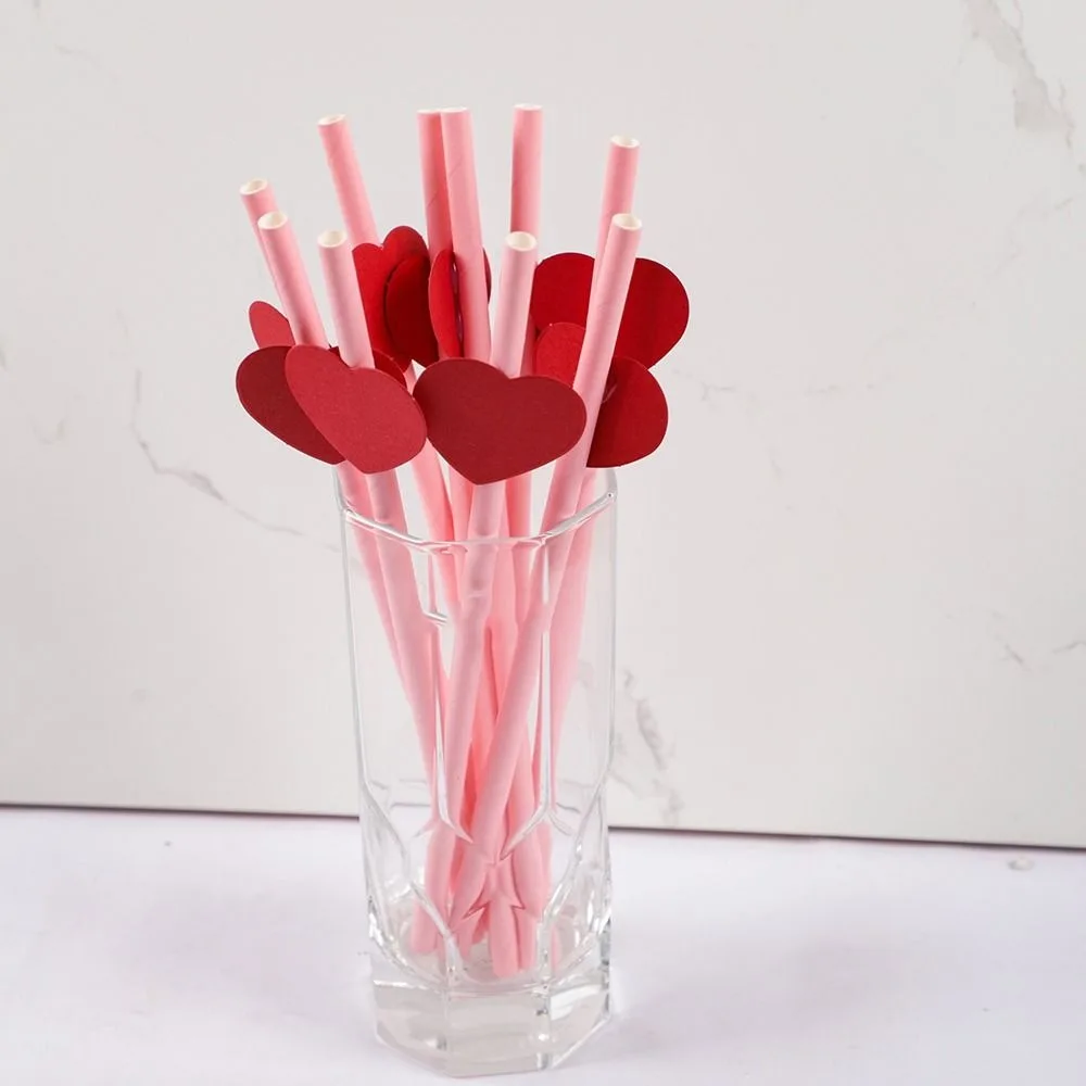 20Pcs Eco-friendly Heart Paper Straws Degradable Pink/yellow Daisy Flower Paper Straws 6mm Disposable Drinking Straw Restaurant