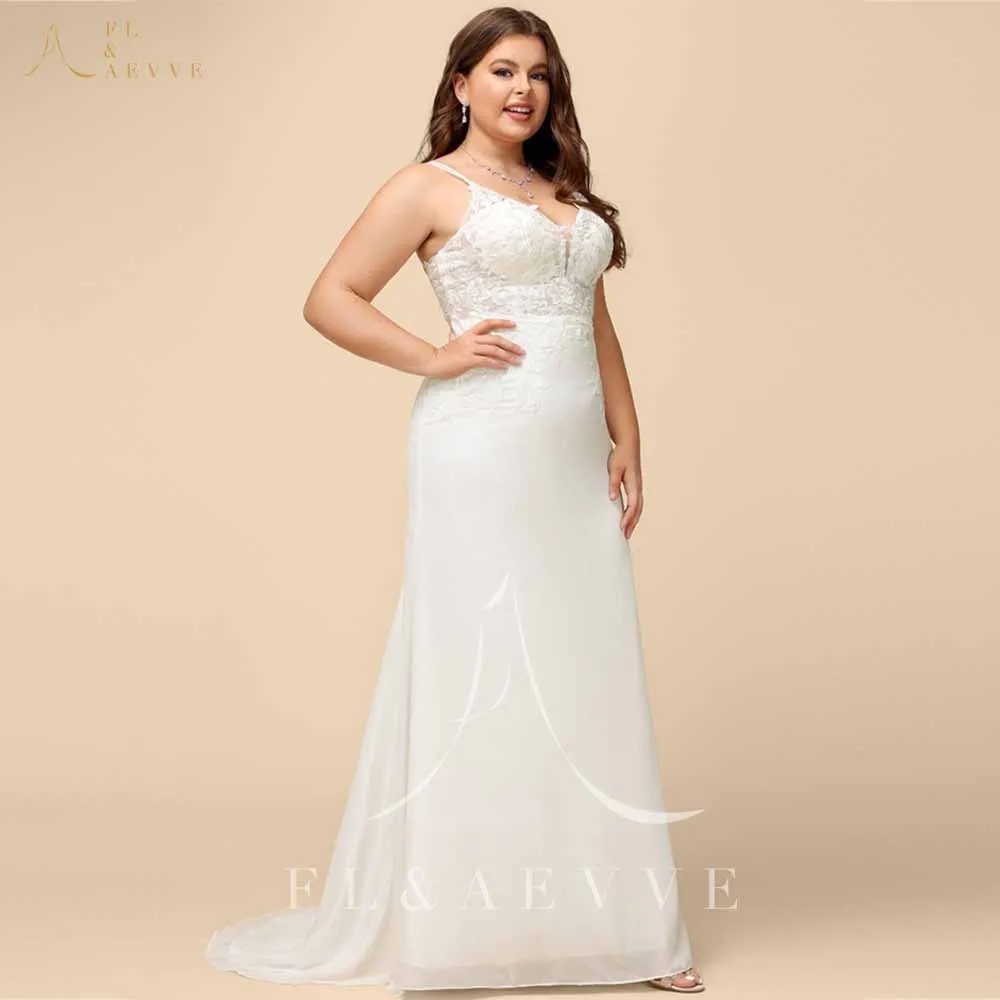 

Spaghetti Straps Wedding Party Gown Plus Size Beach Bridal Dress Mermaid V-Neck Sweep Train Chiffon Lace Wedding Dress