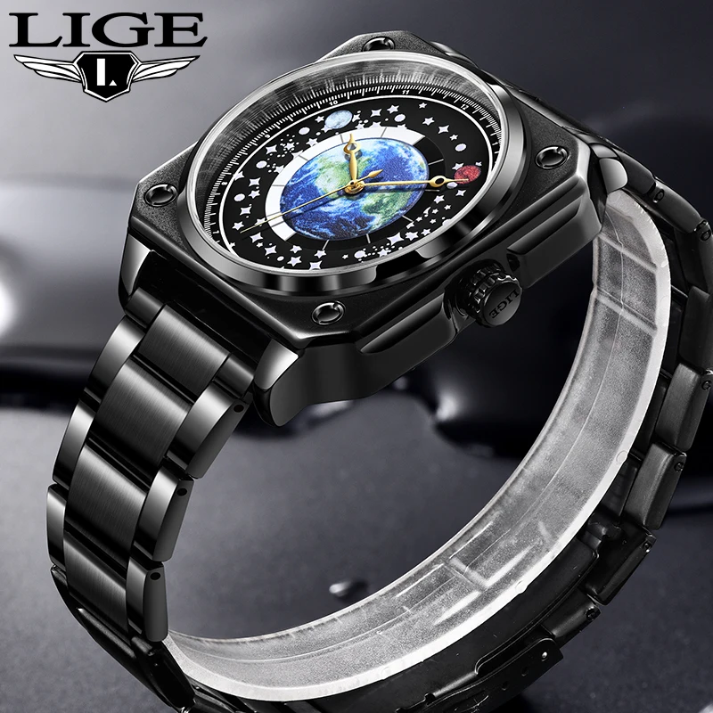 

LIGE New Fashion Design Quartz Man Watch Top Brand Luxury Earth Full Steel Watch for Men Waterproof Luminous Creative Clocks+Box