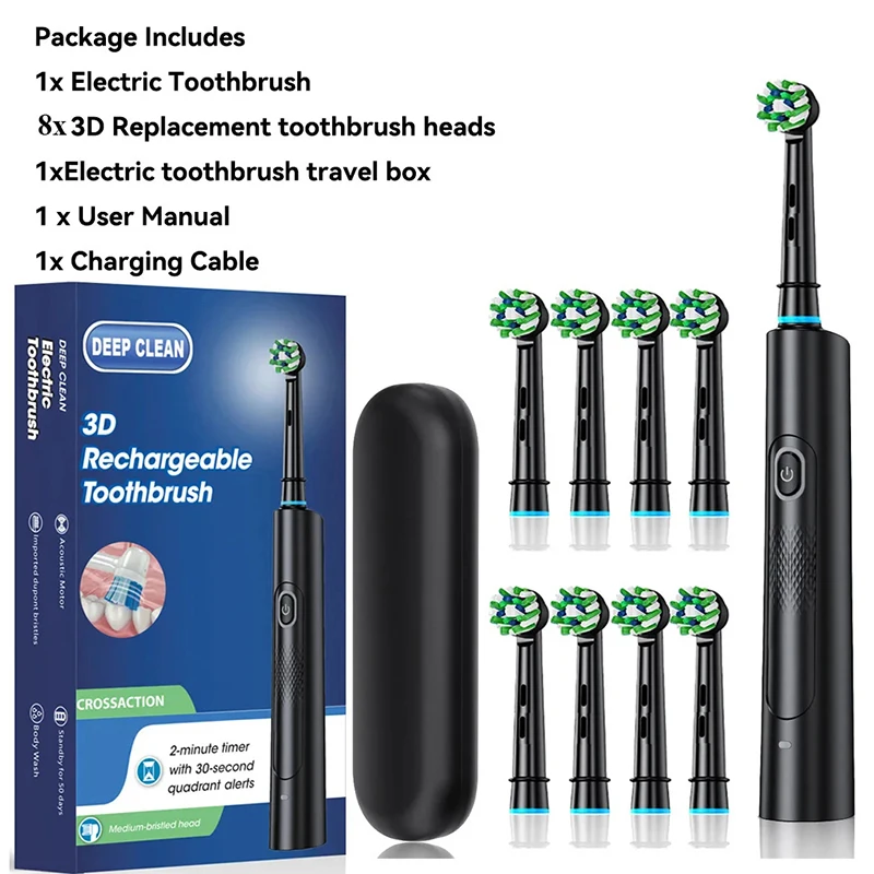 Rotating Electric Toothbrush for Adults 4 Brush Heads Deep Clean Rechargeable 2 Min Smart Timer