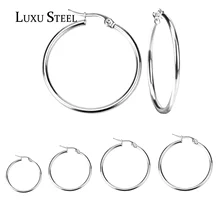 LUXUSTEEL 1Pair/2pcs Earrings For Women 10mm to 65mm Silver Color Hoop Earring Stainless Steel Round Circle Earrings aretes Gif