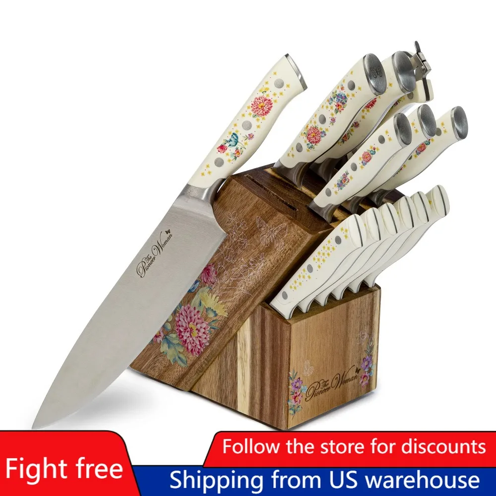 

14-Piece Stainless Steel Knife Block Set Knife Sets for Kitchen Accessories Floral Freight Free Knives Dining Bar Home Garden