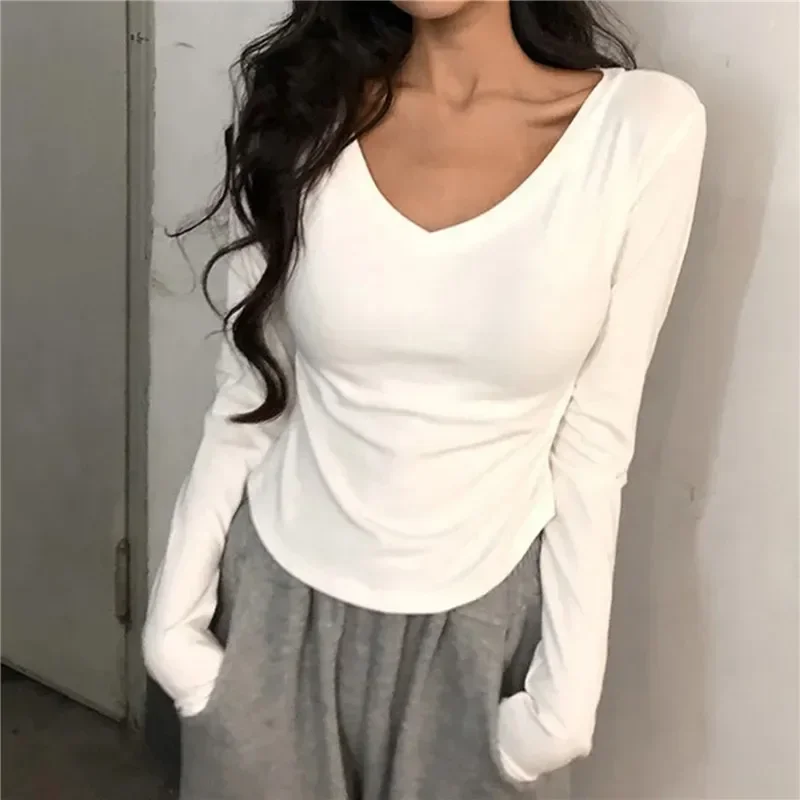 2025 Women's Sexy V-Neck Solid Long Sleeve T-Shirt Spring Autumn Thin Elastic Tee Shirt Femme Tops