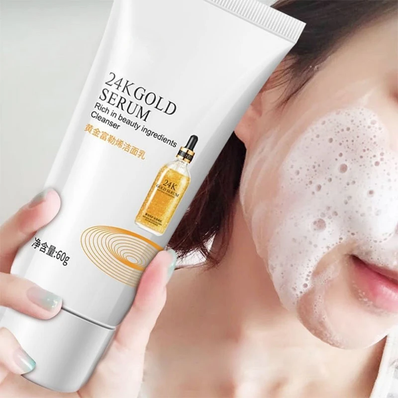 Gold Fullerene Facial Cleanser Foam Face Wash Collagen Shrink Pores Cleansing Oil Control Whitening Acne Treatment Skin Care 60g 50pcs collagen firming mask face care moisturizing repair anti aging fullerene face masks whitening wash free sleeping mask