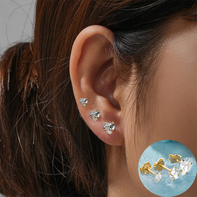 

100% 925 Sterling Silver Zircon Love Heart Studs Earrings for Women Girl Geometric Design Jewelry Party Gift Dropshipping