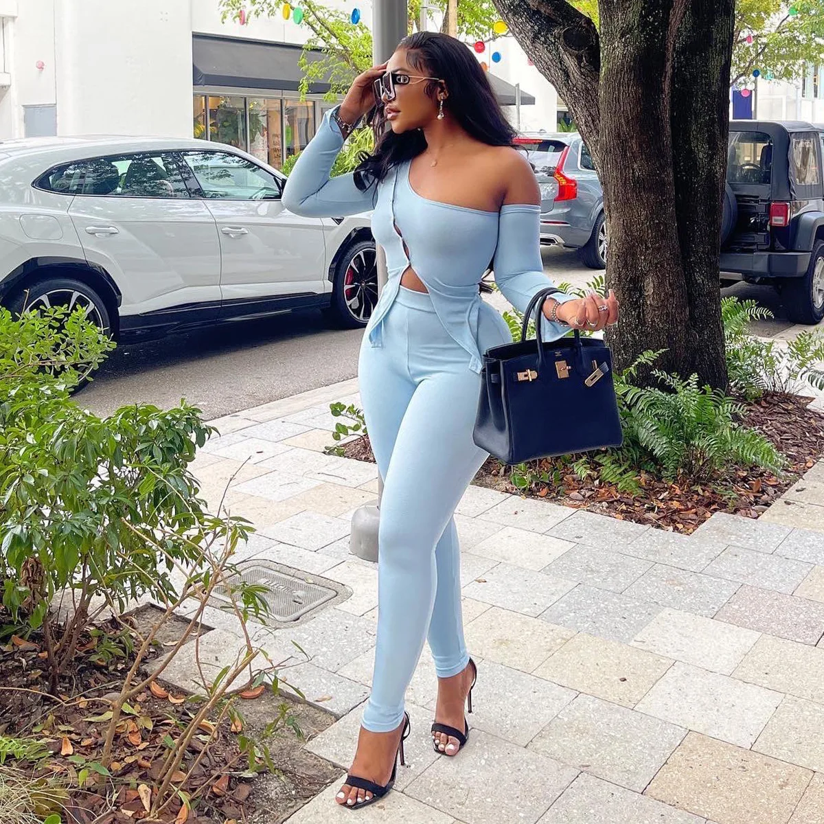 Summer Fashion Street Tight Two Piece Set Women Sexy Diagonal Collar  Off-shoulder Long-sleeved Top Legging Two Piece Suit Women - Pant Sets -  AliExpress