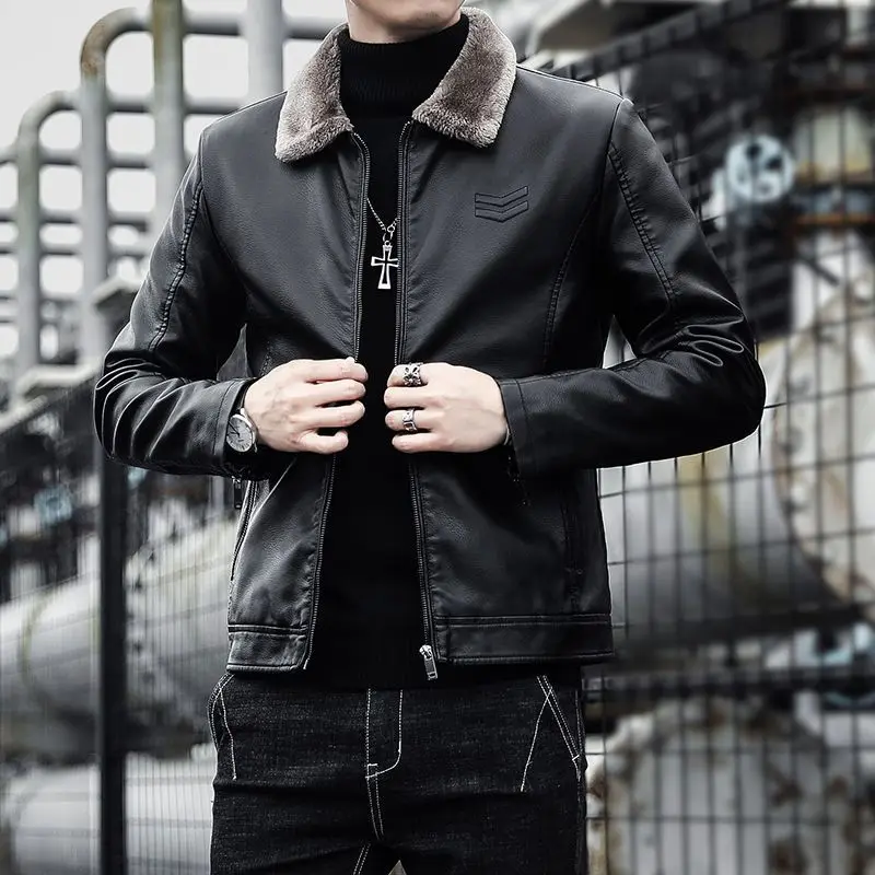 Male Fashion Slim-Fit Leather Coat Winter Men Fleece-Lined Thicken Casual Lapel Leather Jacket Solid Color Large Size Outwear