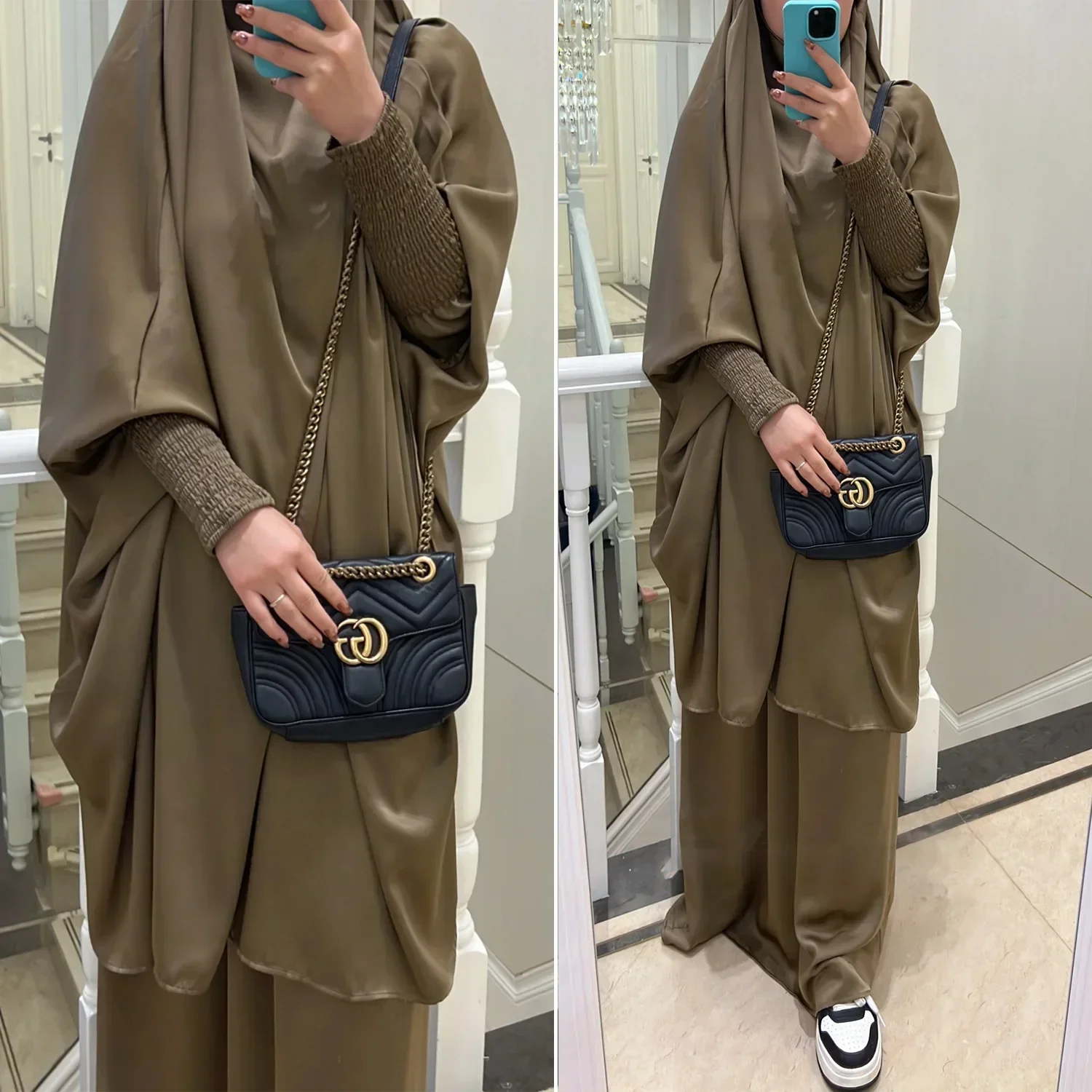 Ramadan Eid Jilbab 2 Piece Set Muslim Women Prayer Garment Abaya Long Khimar Hijab Dress Niqab Islam Dubai Outfit Djellaba Burka