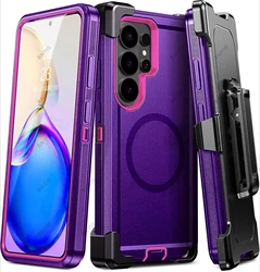 Heavy Duty Hybrid Armor Box Magnetic Case with Clip Bracket Cover - Galaxy S23 Ultra (PURPLE RED)