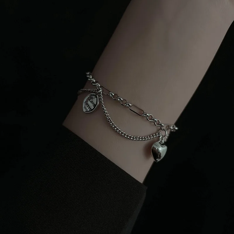 

VENTFILLE 925 Sterling Silver Love Heart Double Layer Letter Bracelet for Women Girl Chain Design Hip Hop Jewelry Dropshipping
