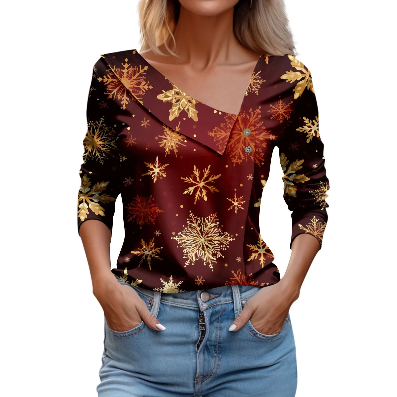 

Women T-shirt Christmas Snowflake Print Blouse Elegant Skew Collar Long Sleeve Loose Pullovers Female Fashion Holiday Tops