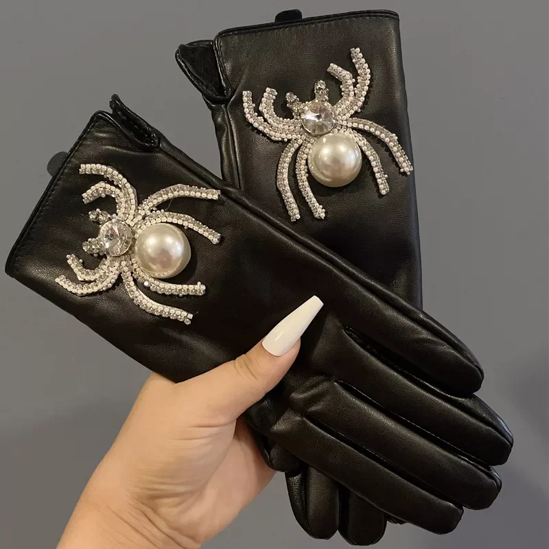 

gloves Winter Luxury Spider PU Leather Fingerless Mittens Windproof Driving Gloves Outdoor guantes Femme