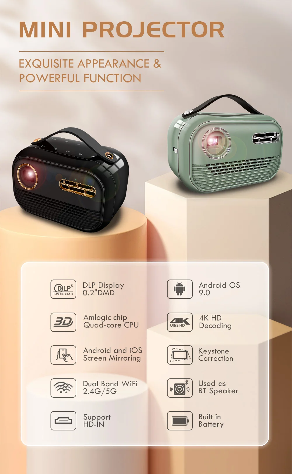 Smartldea Newest Arrive P16 Smart Mini Projector Android9.0 5G wifi BT HD1.4 video proyector 4K 3D game Beamer 4G+32G OPTION 3d projector