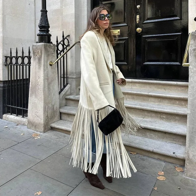 Abrigo largo de lana con borlas para mujer, chaqueta holgada de manga larga con solapa y botonadura sencilla, color marrón, primavera 2025