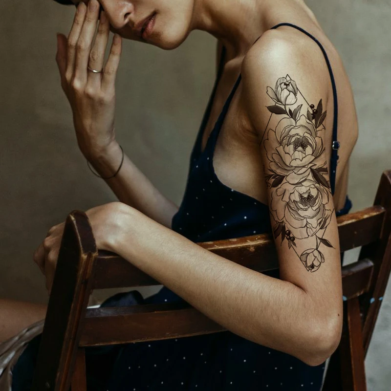 

Geometric Waterproof Temporary Tattoos Sticker Black Rose Flower Leaves Tattoo Flash Body Art Arm Legs Fake Tatoos Women Girls