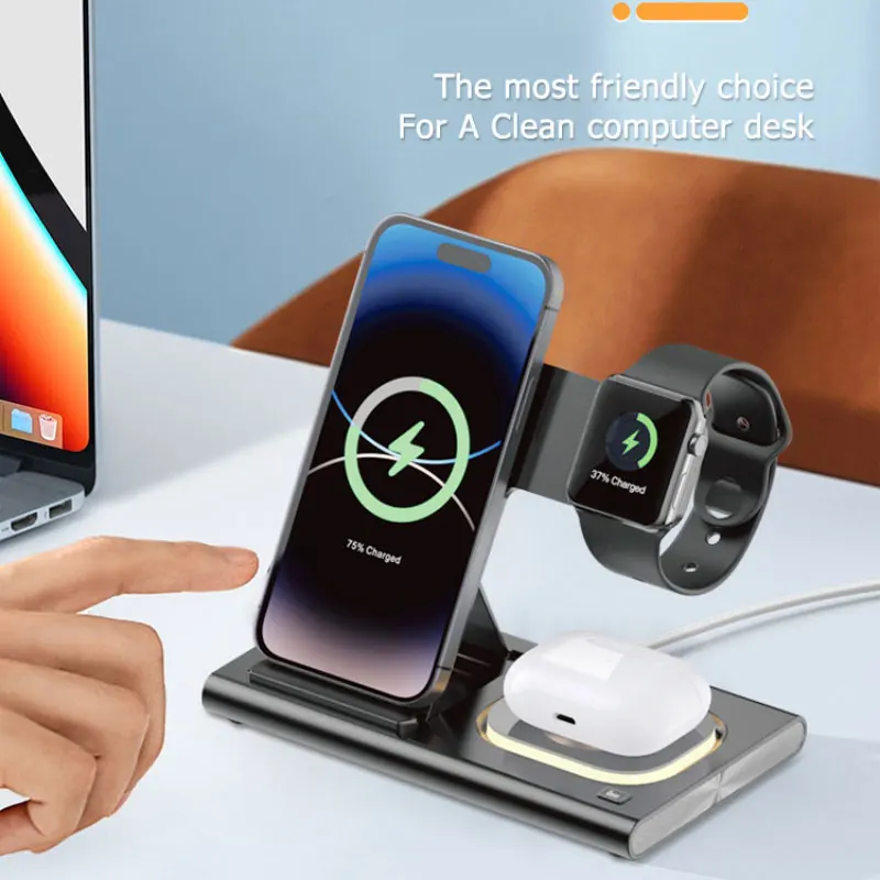 

3 IN 1 Wireless Charger 15W For Magsafe Pad Foldable Stand Fast Charging Dock Station Induction for iPhone 15 Apple Watch AirPod