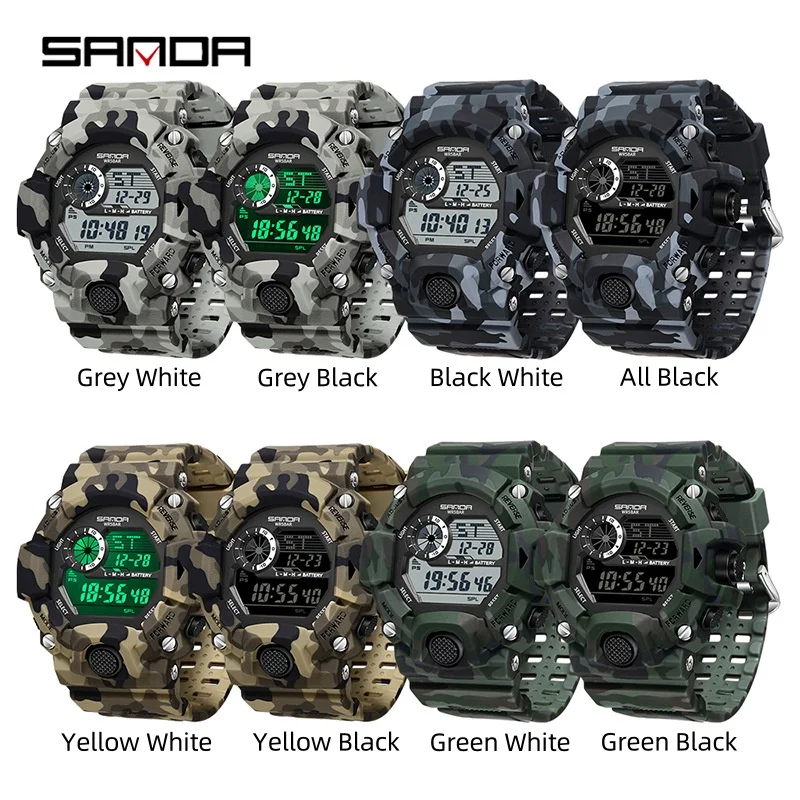 SANDA 2183 Electronic Watch Fashion Military Camo Waterproof Outdoors Sports Digital Display Silicone Strap Wristwatchs for Men 2