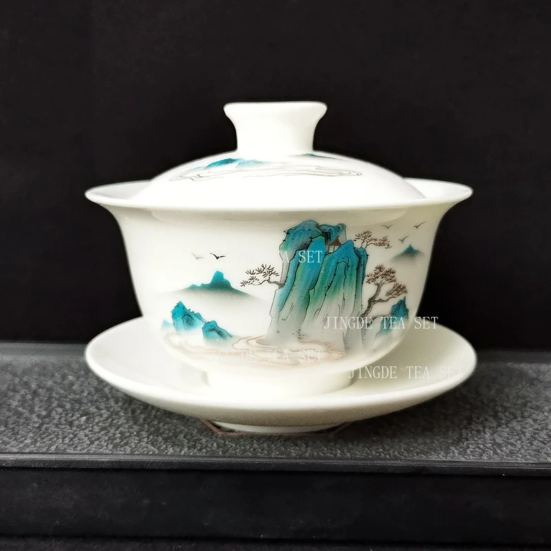 220ml Sheep Fat Jade Tea Bowl Ceramic Teacup Hovering Lid Bowl Home Kung Fu Tea Set High End Tea Infuser